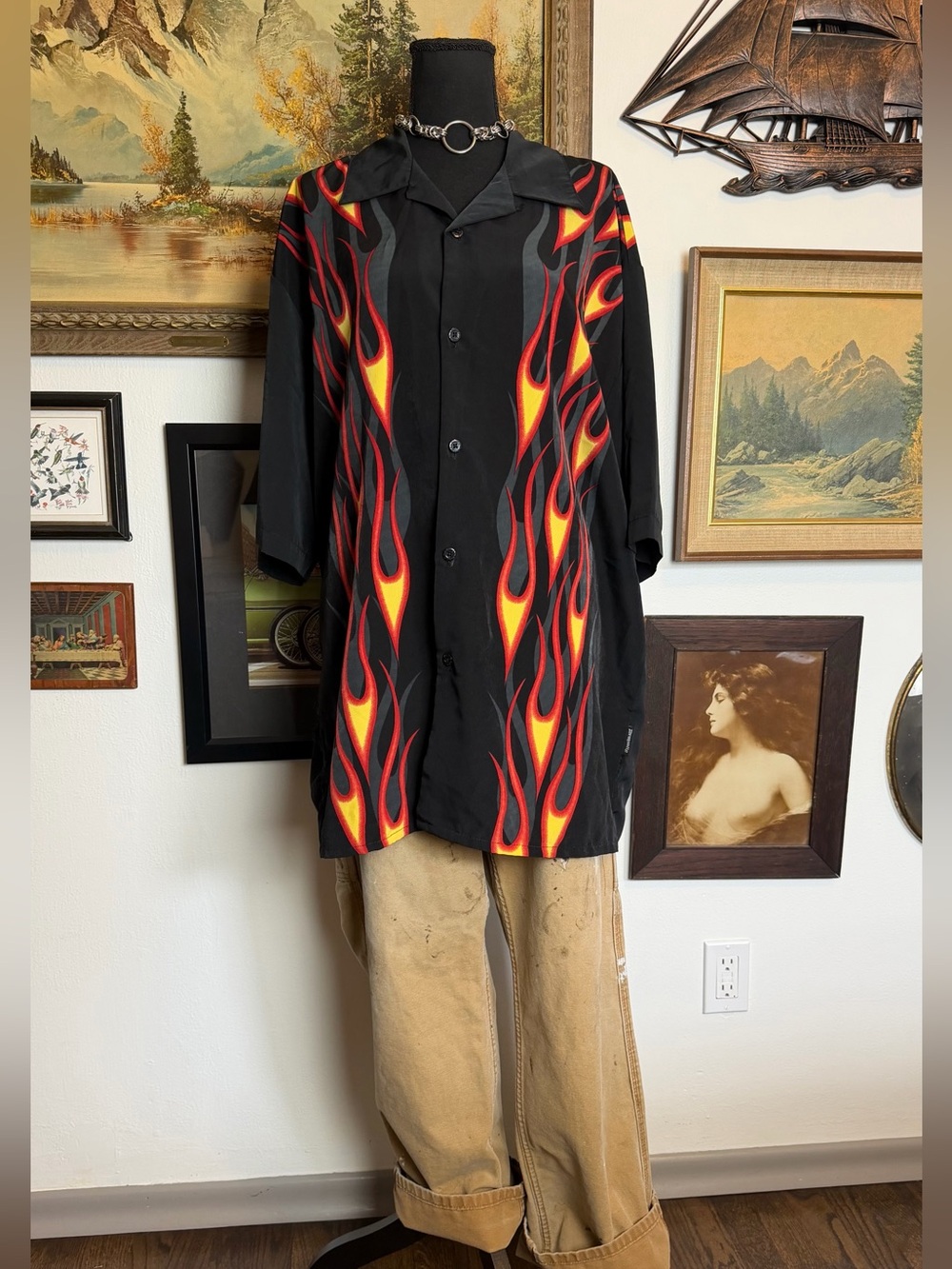 Y2K Flame Print Button-Up Bowling Style Shirt XXL